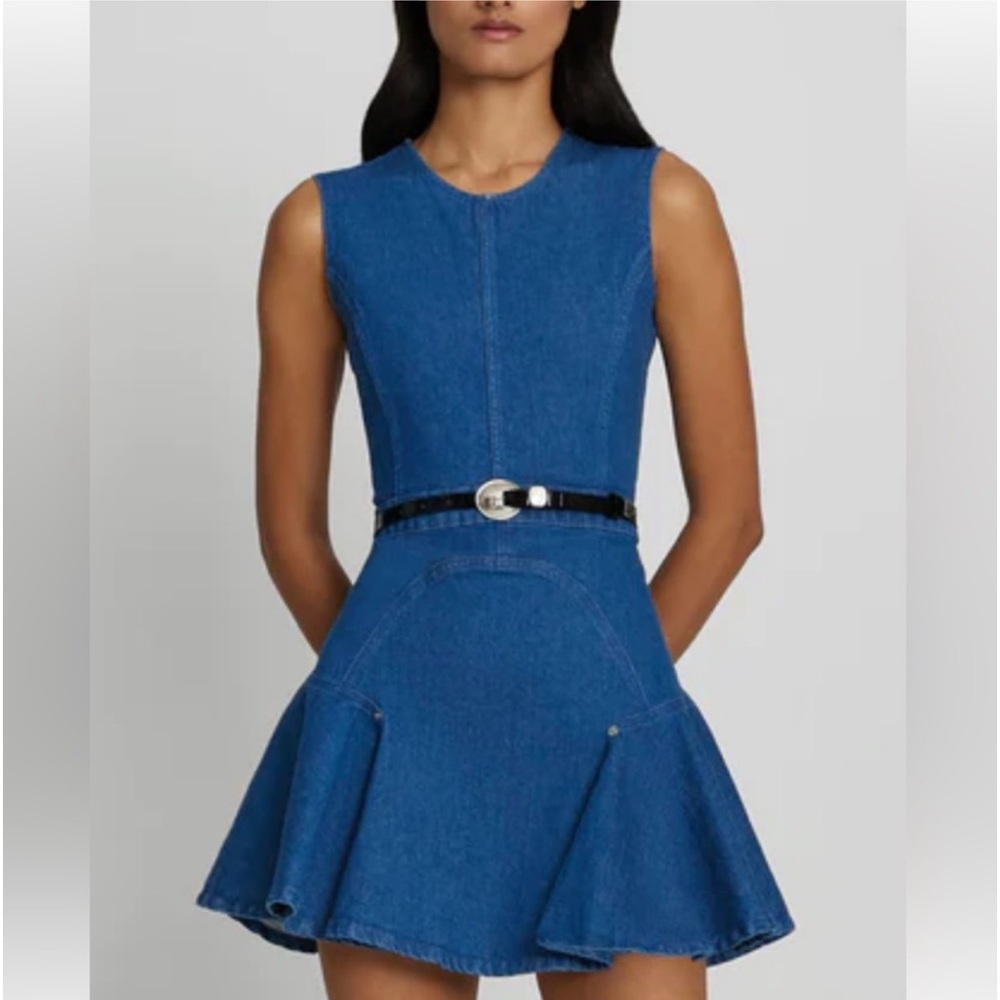 7 For All Mankind Denim Flounce Mini Dress in Medium Wash Blue Denim Size Small